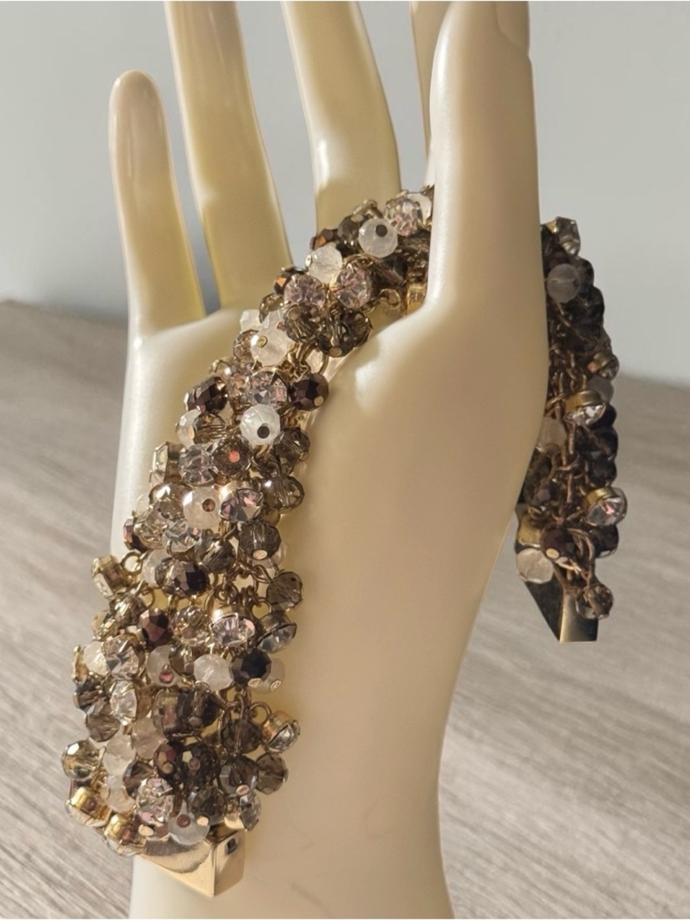 Cha Cha Bracelet with clear rhinestones, opaque white glass,topaz crystal beads